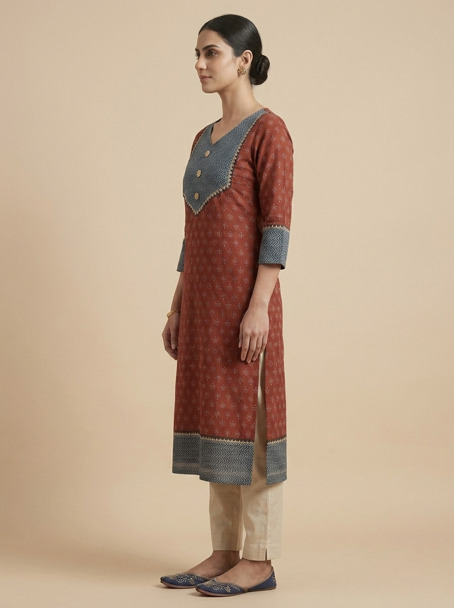 Rust Red Cotton Kurti with Chevron Yoke