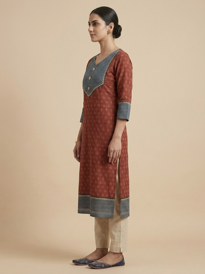 Rust Red Cotton Kurti with Chevron Yoke