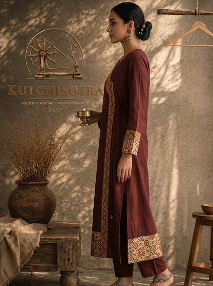 Premium Chocolate Brown Cotton Kurti with Angrakha Border (Long Kurti)