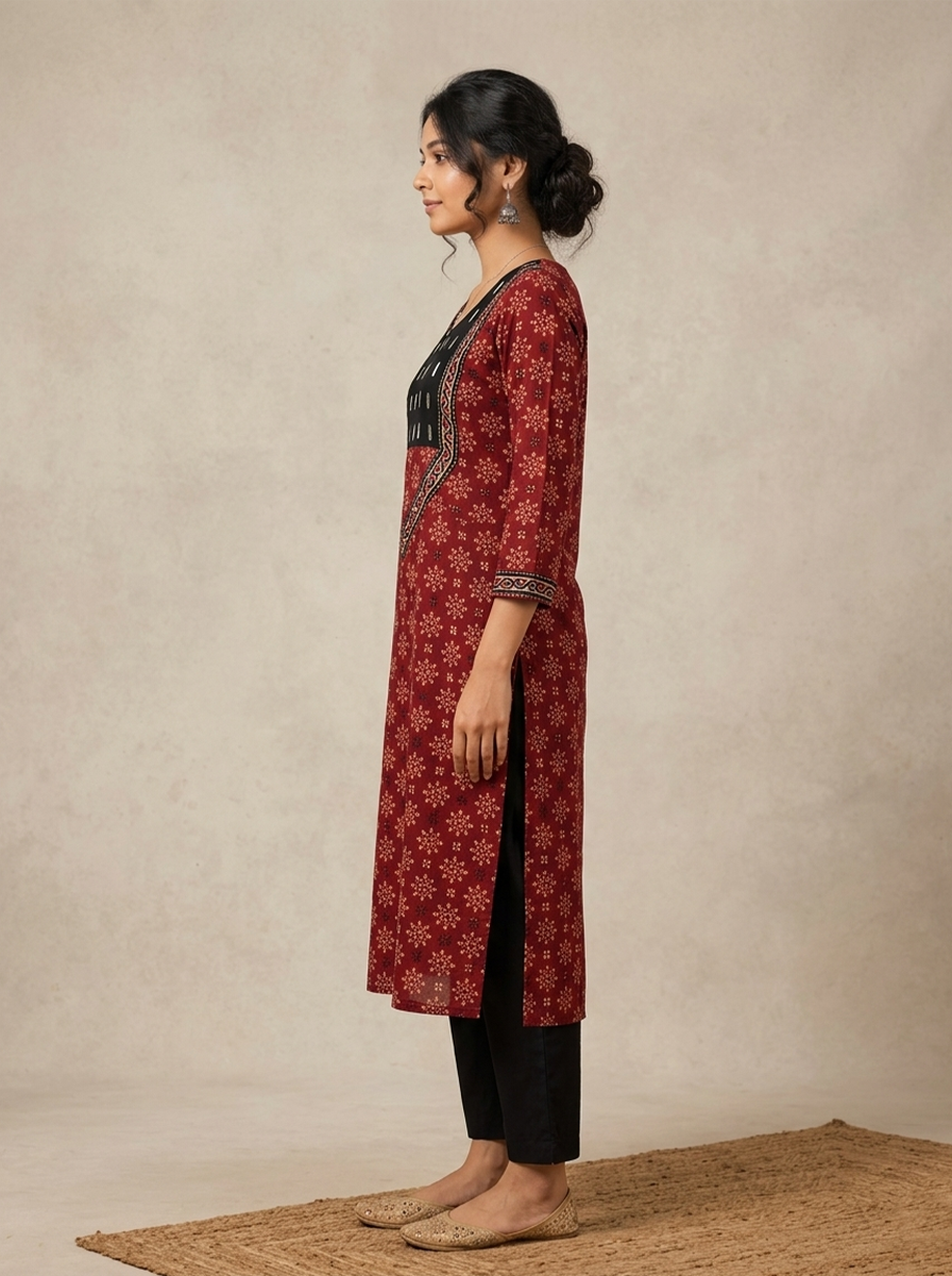 Premium Maroon Cotton Kurti with Embroidered Black Yoke