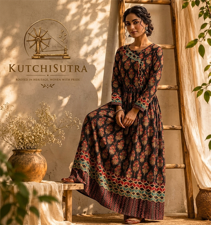 Kutchisutra Women's Printed & Embroidered Angrakha (Long Kurti)