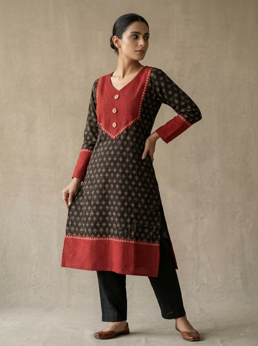 Elegant Festive Wear Black Kurti with Contrast Embroidered Yoke