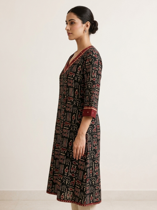 Kutchisutra Black Printed Kurti with Embroidered Border Trim
