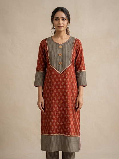 Traditional Brick Red Cotton Festive Kurti with Contrast Borde
