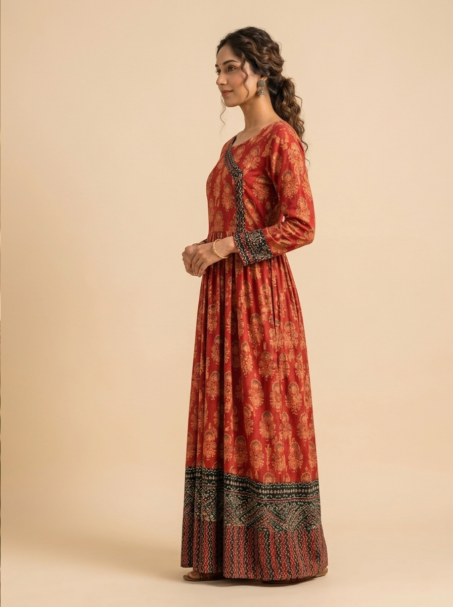 Premium Brick Red Cotton Anarkali Gown with Angrakha Yoke (Long Kurti)