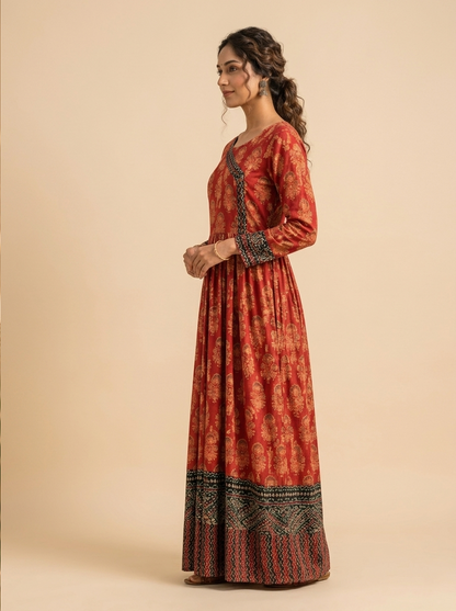 Premium Brick Red Cotton Anarkali Gown with Angrakha Yoke (Long Kurti)