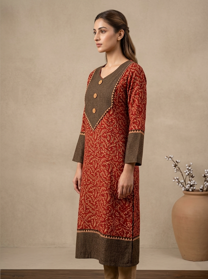 Elegant Rust Red Cotton Straight Kurti with Wooden Buttons