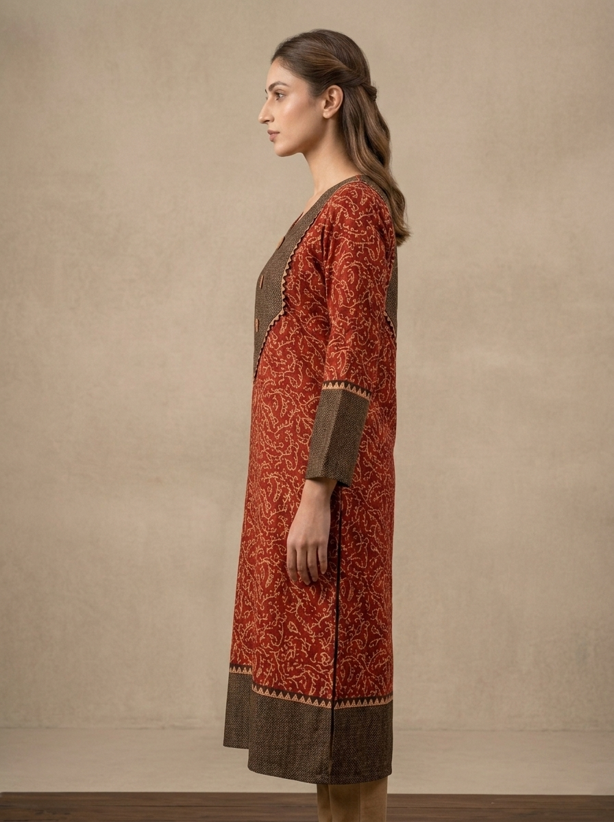 Elegant Rust Red Cotton Straight Kurti with Wooden Buttons