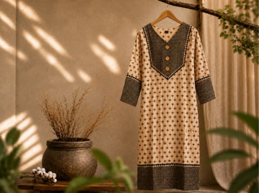 Classic Everyday Wear Beige Tunic with Patterned Borders