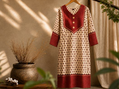 Premium Beige Cotton Kurti with Contrasting Maroon Yoke