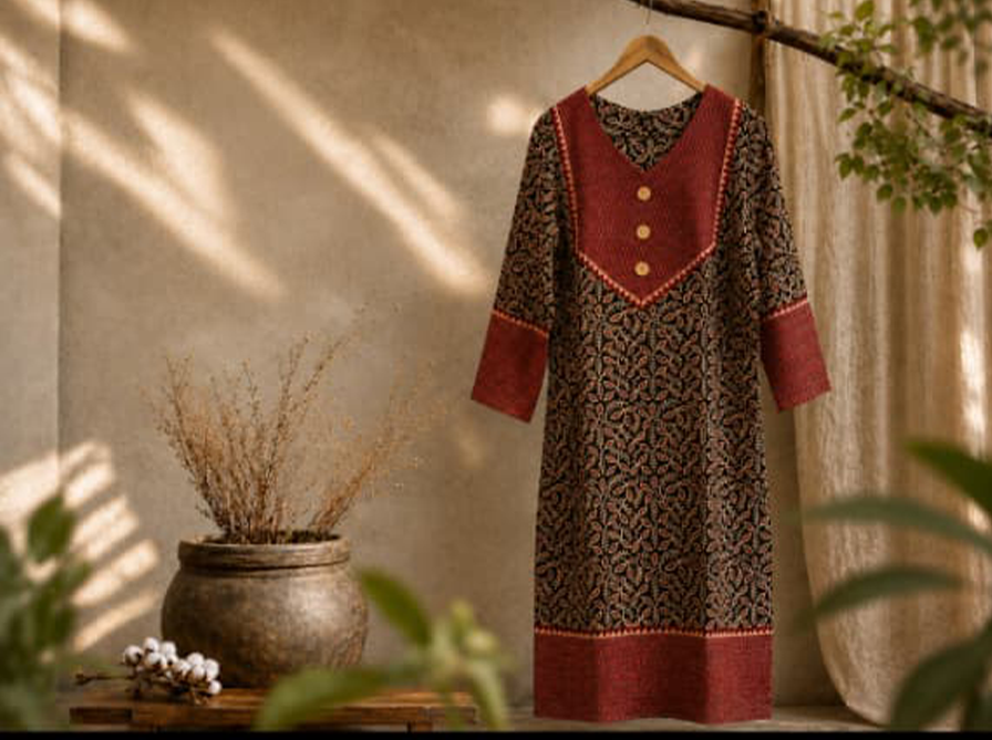 Premium Black Cotton Kurti with Contrasting Maroon Yoke