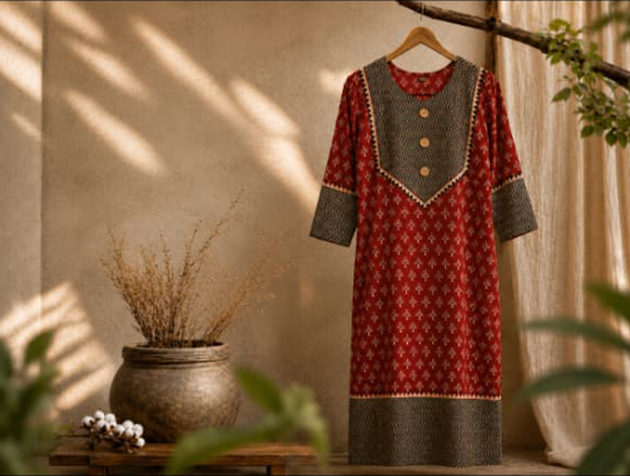 Elegant Maroon Geometric Block Print Cotton Kurti