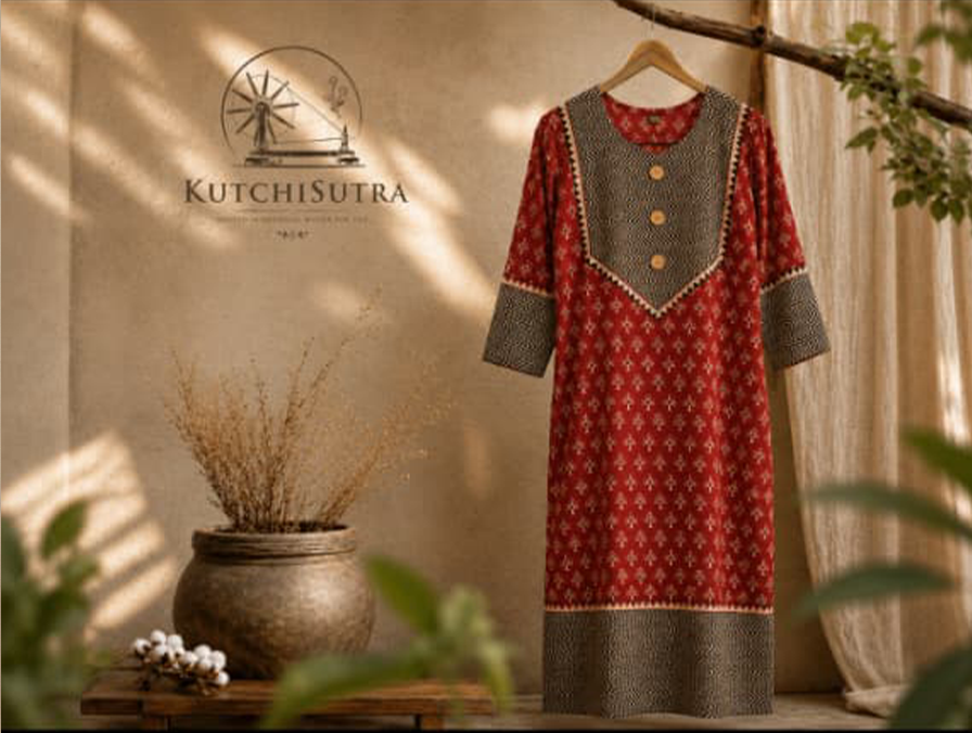 Traditional Brick Red Cotton Festive Kurti with Contrast Borde