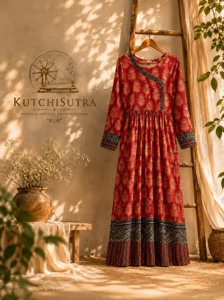 Premium Brick Red Cotton Anarkali Gown with Angrakha Yoke (Long Kurti)